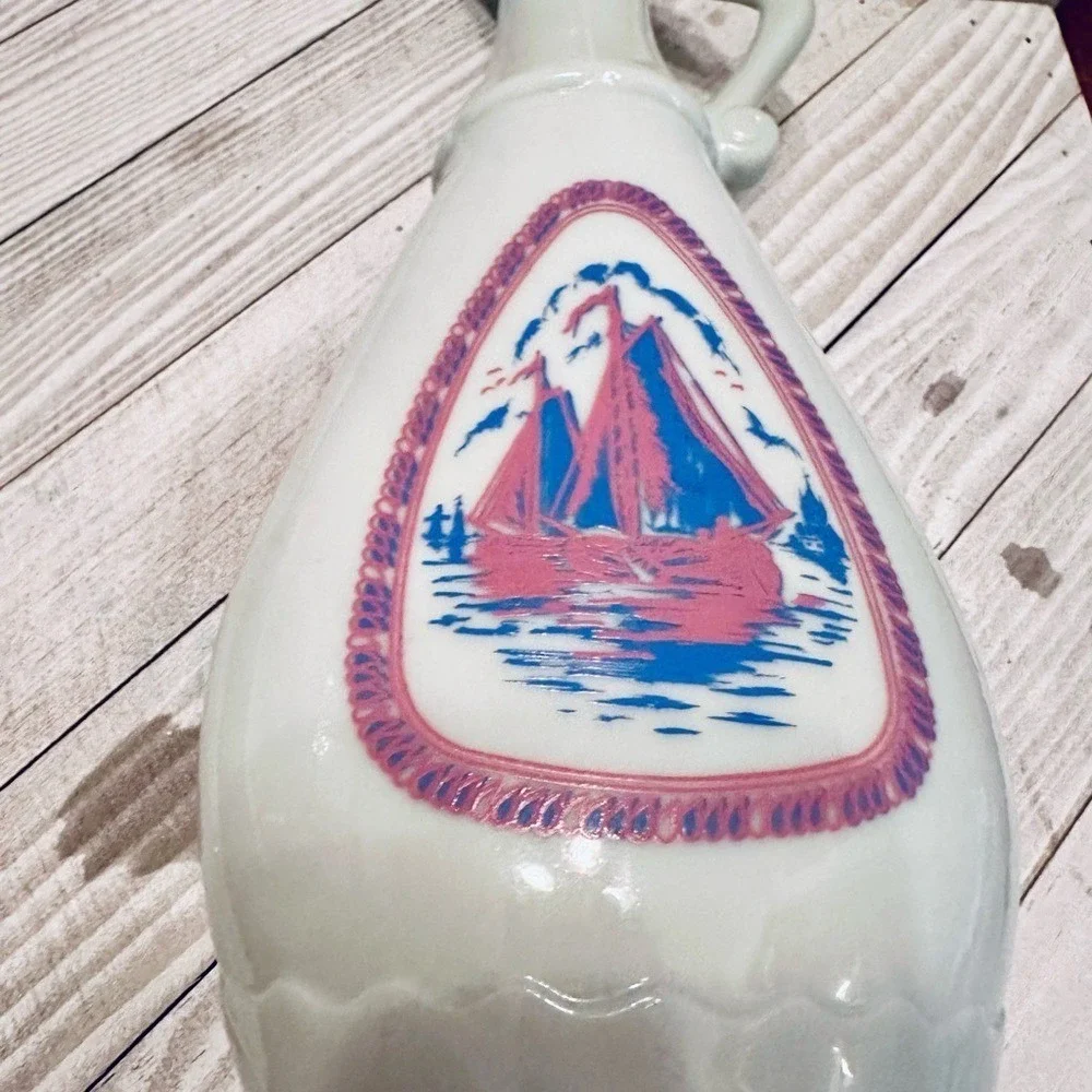 Vintage Milk Glass Decanter Sailboat Windmill Nautical White Pitcher Bottle 9.5